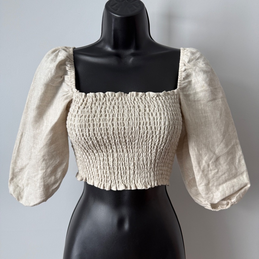 Reformation sz 2 Beige 100% Linen Smocked Puff Sleeve Crop Top Blouse Cottage